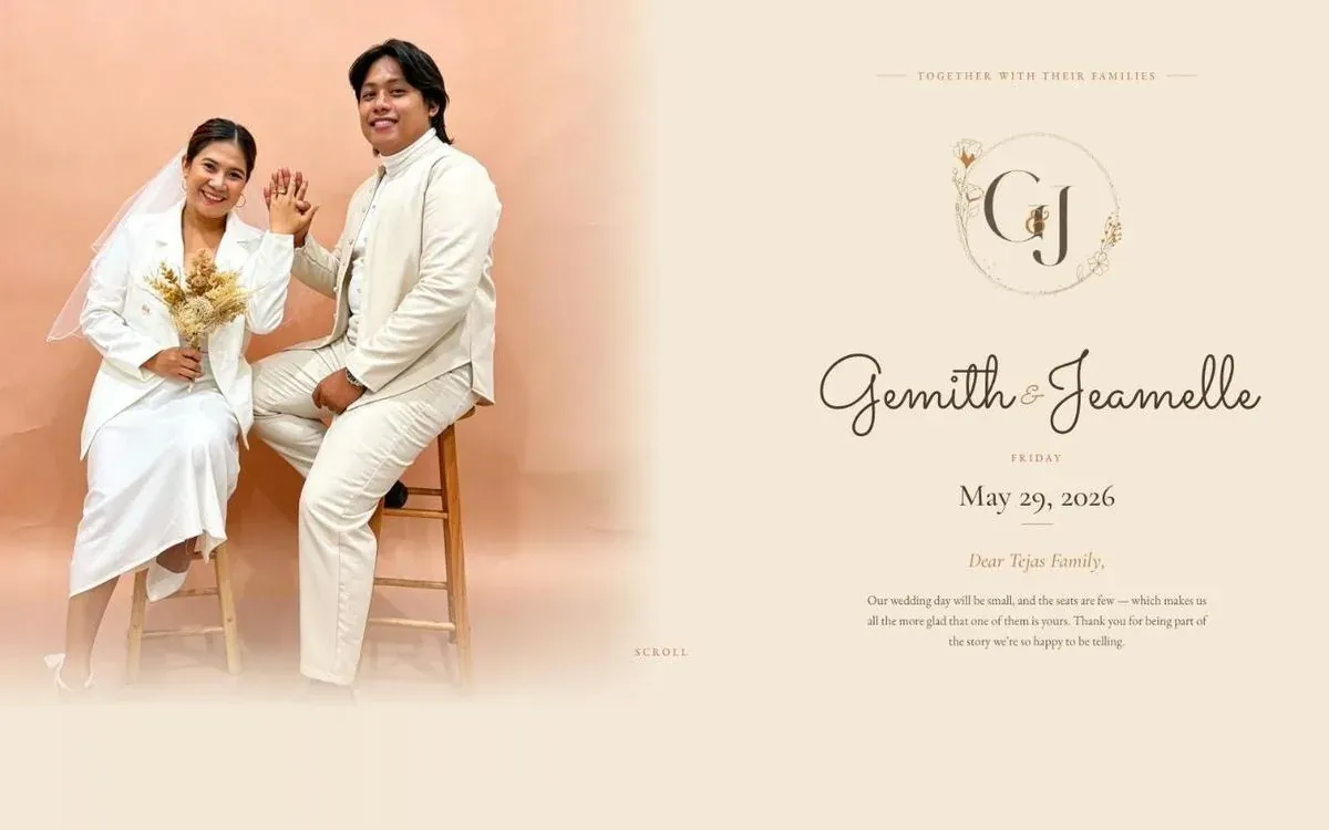 GNJ wedding invitation page with the couple photo, monogram and date